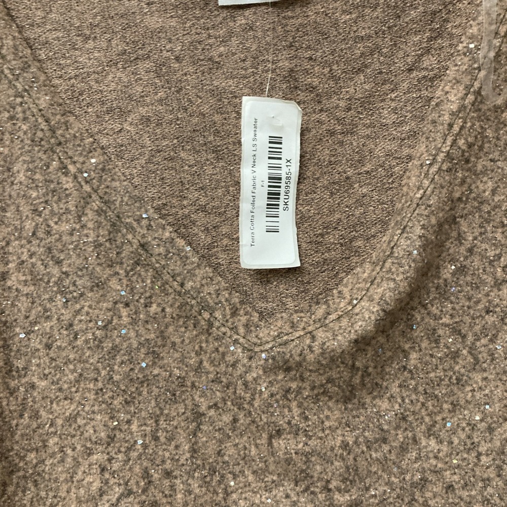 NWT GeeGee Women's Terra Cotta Sparkling Long Sleeve V-Neck Sweater - SZ 1X - Picture 4 of 11